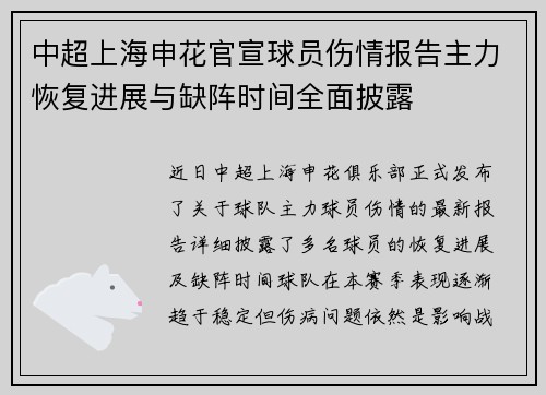 中超上海申花官宣球员伤情报告主力恢复进展与缺阵时间全面披露 中超上海申花官宣球员伤情报告主力恢复进展与缺阵时间全面披露